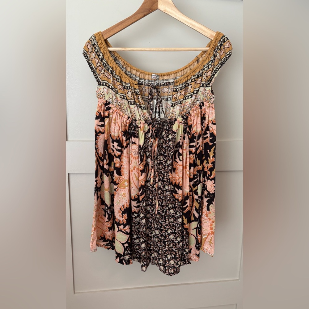 Free People Off-Shoulder Floral Mini Dress - Black, Cream, Orange - Picture 4 of 9